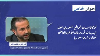 صورة حوار لرئيس الحزب “فراس قصاص” مع وكالة صدى الواقع السوري حول تهديدات أردوغان الأخيرة لمناطق شمال و شرق سوريا.